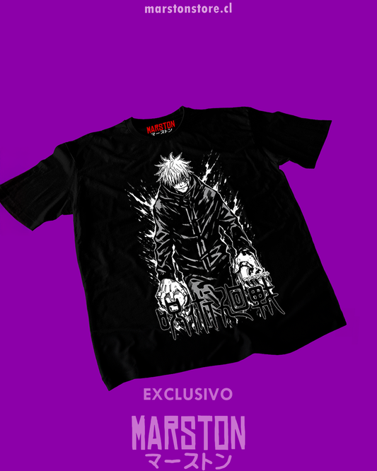 Polera negra Jujutsu Kaisen con diseño de Satoru Gojo
