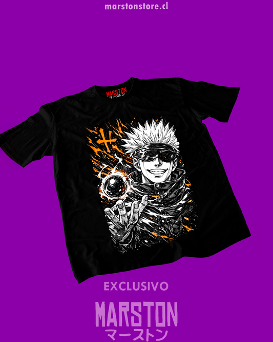 Polera negra Jujutsu Kaisen con diseño de Satoru Gojo