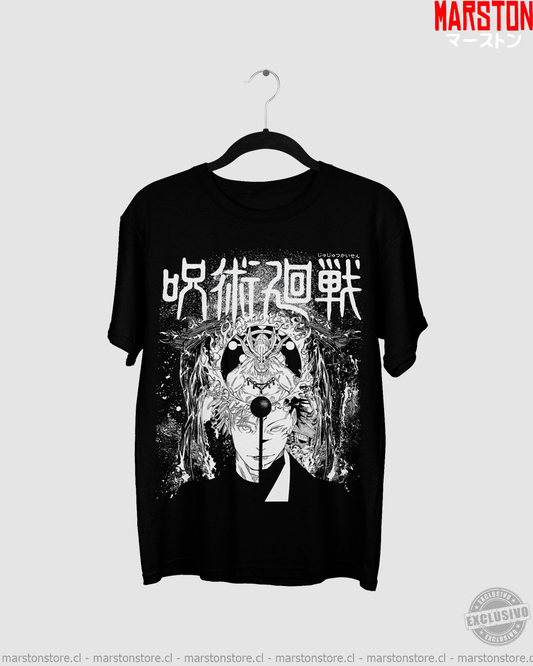 Polera negra Jujutsu Kaisen con Satoru Gojo, Ryomen Sukuna y Mahoraga
