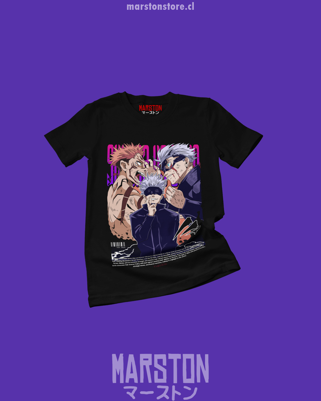 Polera negra Jujutsu Kaisen con Satoru Gojo y Ryomen Sukuna