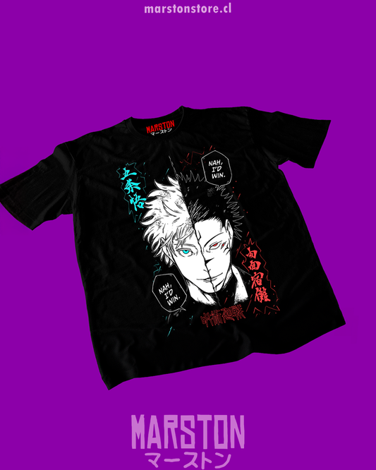 Polera negra Jujutsu Kaisen con Satoru Gojo y Ryomen Sukuna