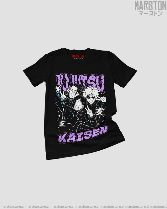 Polera negra Jujutsu Kaisen con Satoru Gojo, Suguru Geto y Shoko Ieiri