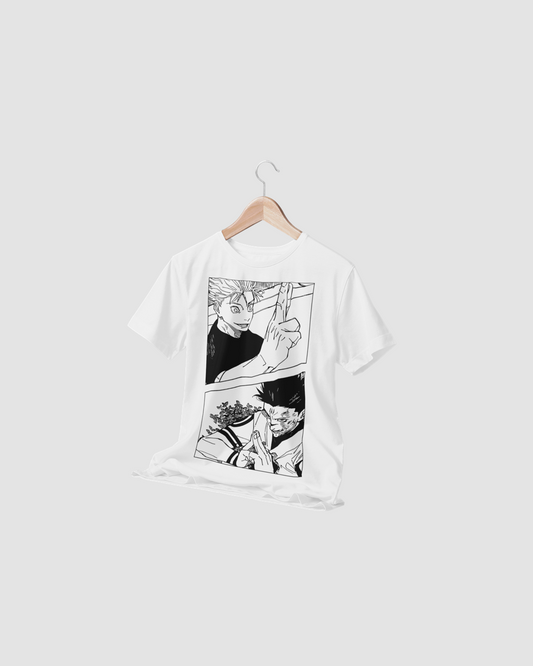 Polera blanca Jujutsu Kaisen con Satoru Gojo contra Ryomen Sukuna