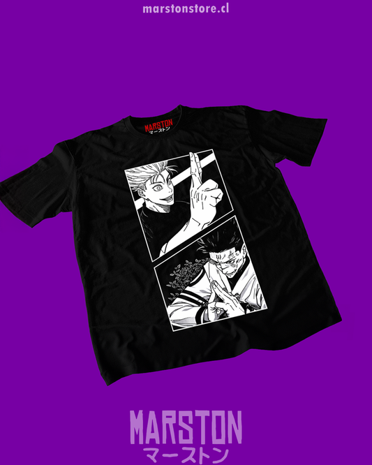 Polera negra Jujutsu Kaisen con Satoru Gojo contra Ryomen Sukuna