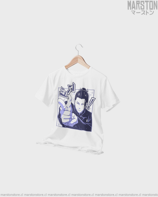 Polera blanca Jujutsu Kaisen con diseño de Suguru Geto