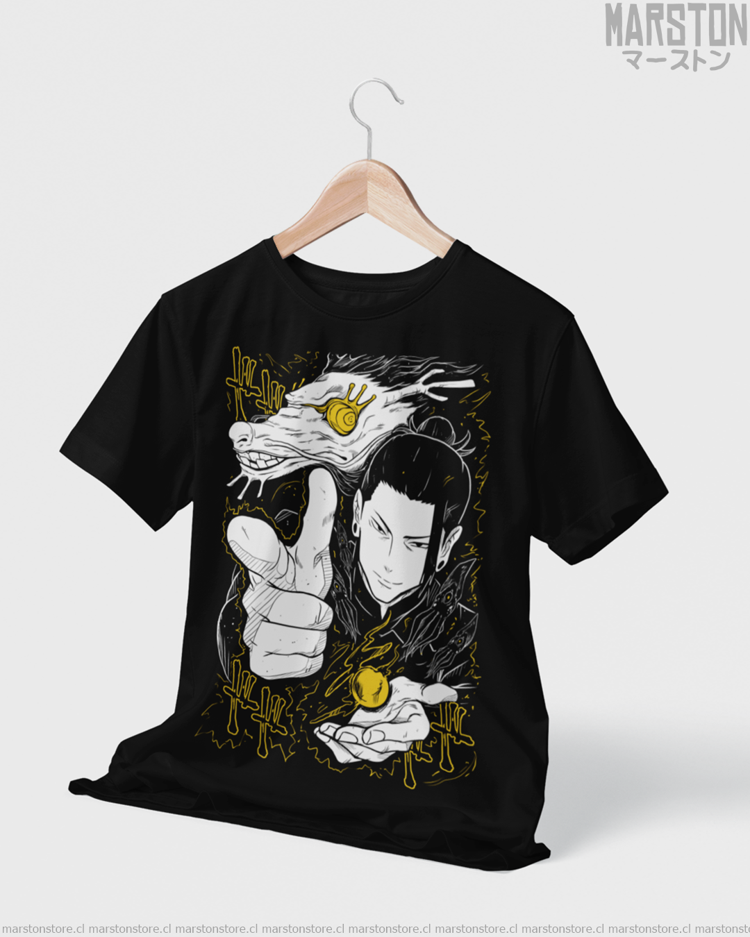 Polera negra Jujutsu Kaisen con diseño de Suguru Geto