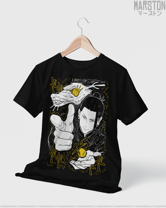 Polera negra Jujutsu Kaisen con diseño de Suguru Geto