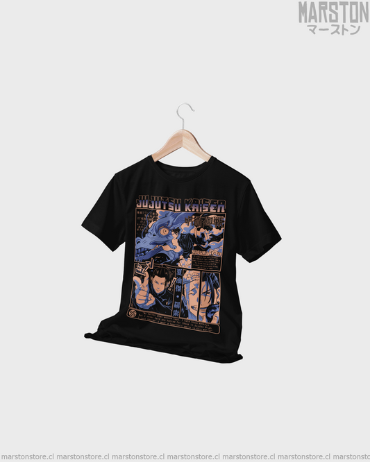 Polera negra Jujutsu Kaisen con diseño de Suguru Geto
