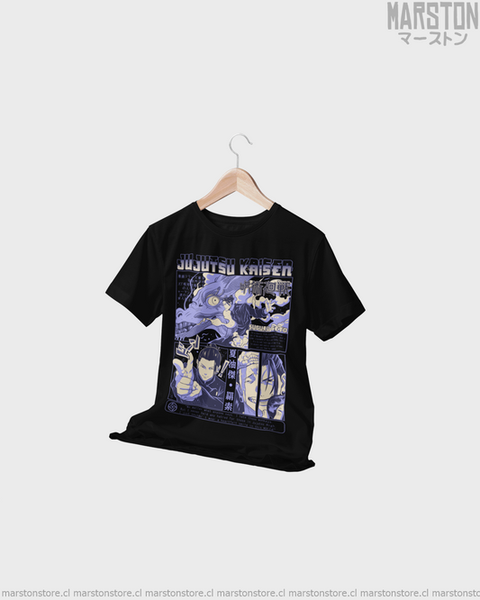 Polera negra Jujutsu Kaisen con diseño de Suguru Geto