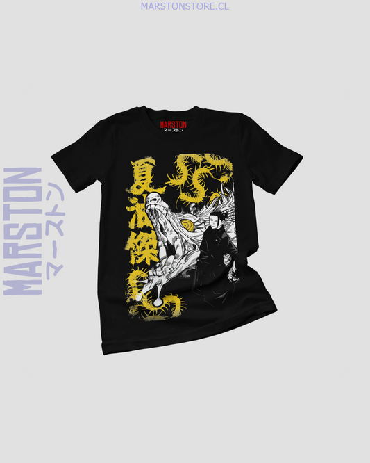 Polera negra Jujutsu Kaisen con diseño de Suguru Geto
