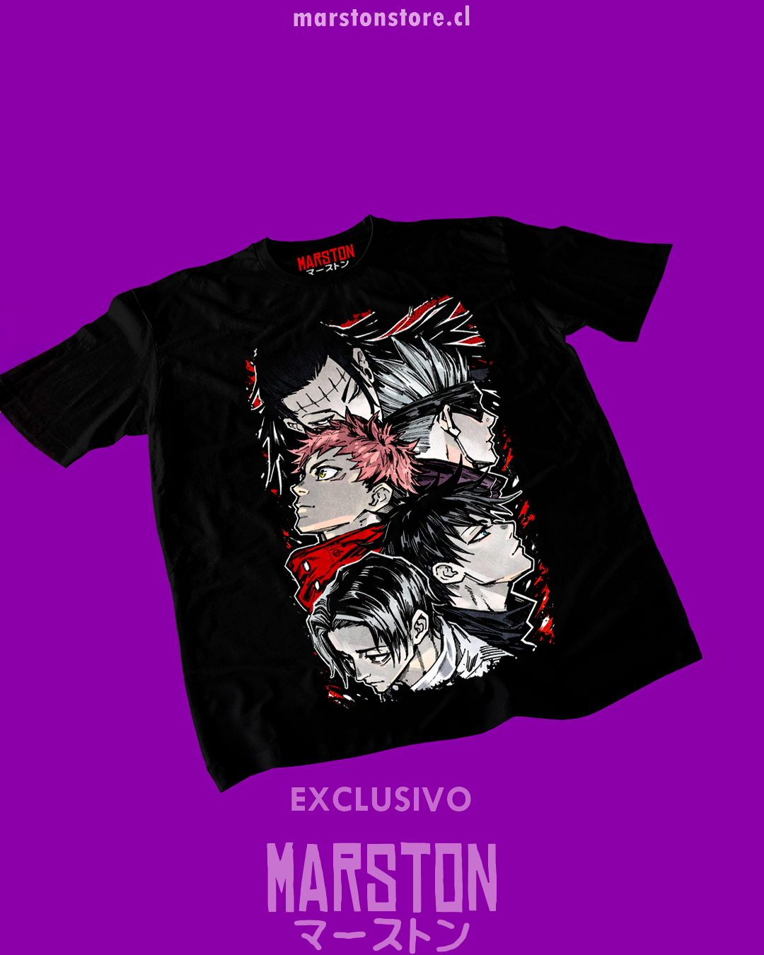 Polera negra Jujutsu Kaisen con Suguru Geto, Yuji Itadori, Yuta Okkotsu y Megumi Fushiguro