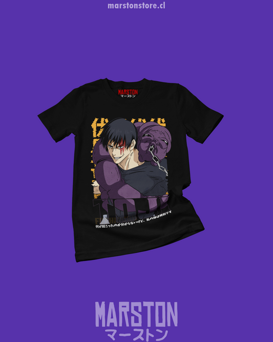 Polera negra Jujutsu Kaisen con diseño de Toji Fushiguro