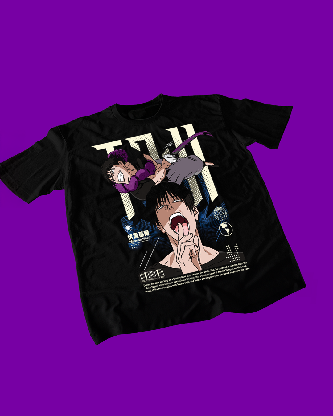 Polera negra Jujutsu Kaisen con diseño de Toji Fushiguro