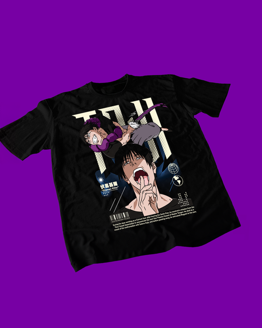 Polera negra Jujutsu Kaisen con diseño de Toji Fushiguro