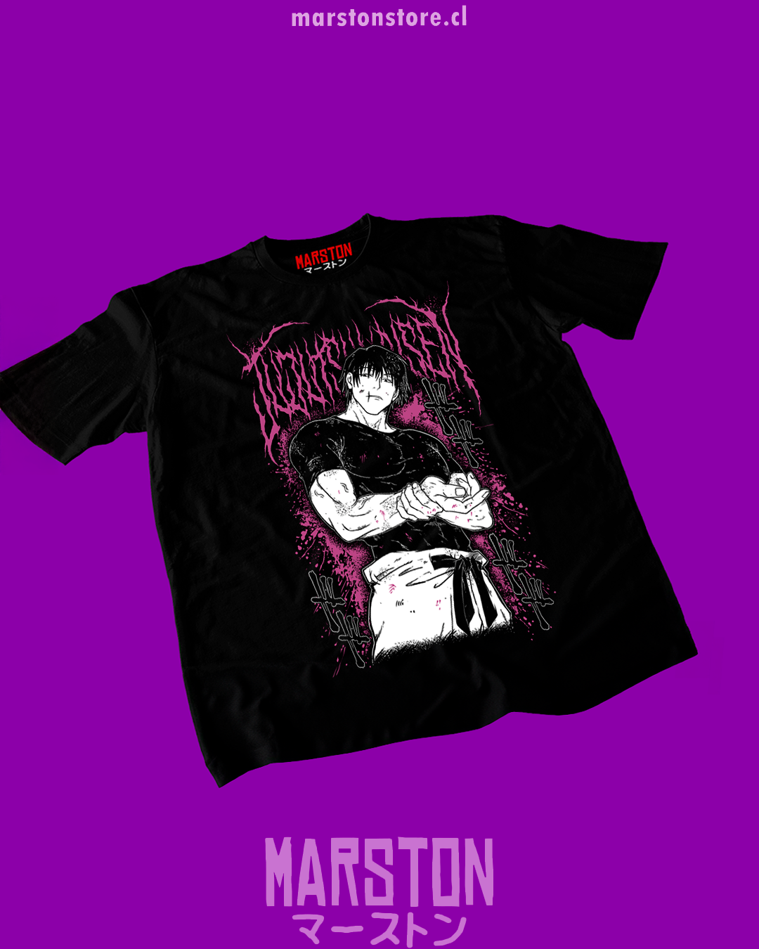 Polera negra Jujutsu Kaisen con diseño de Toji Fushiguro