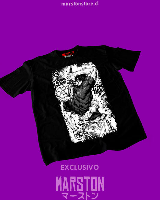 Polera negra Jujutsu Kaisen con diseño de Toji Fushiguro
