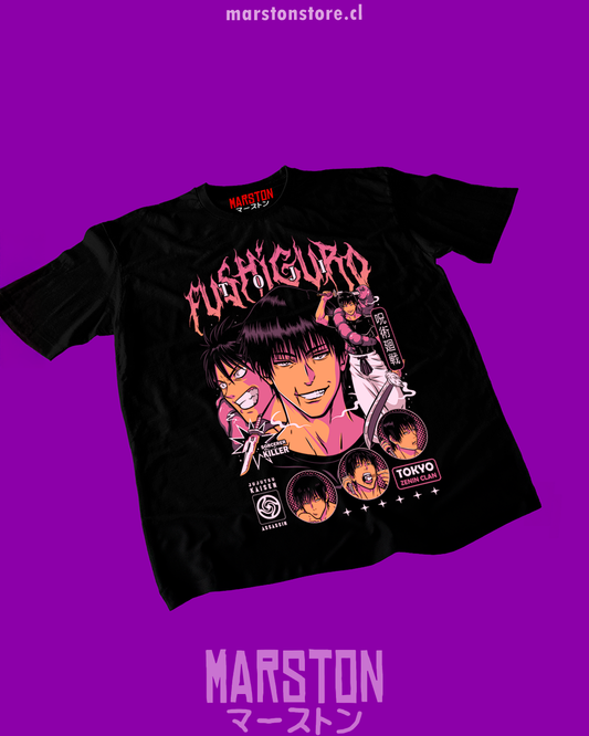 Polera negra Jujutsu Kaisen con diseño de Toji Fushiguro