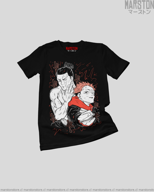 Polera negra Jujutsu Kaisen con Yuji Itadori y Aoi Todo
