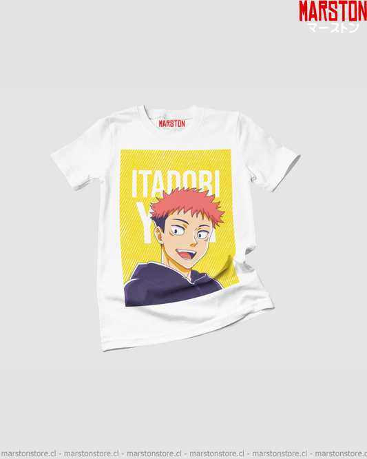 Polera blanca Jujutsu Kaisen con diseño de Yuji Itadori