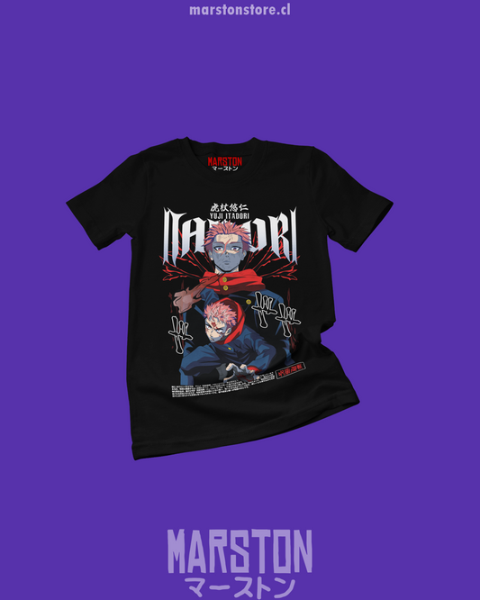 Polera negra Jujutsu Kaisen con diseño de Yuji Itadori