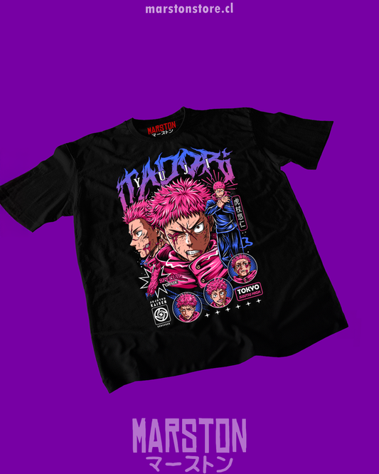 Polera negra Jujutsu Kaisen con diseño de Yuji Itadori