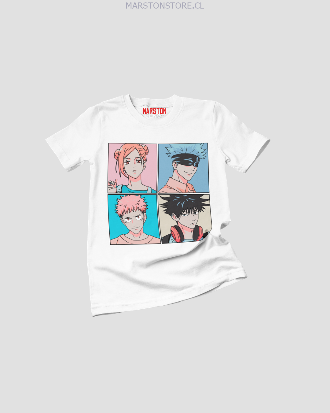 Polera Jujutsu Kaisen con Yuji Itadori, Nobara Kugisaki, Megumi Fushiguro y Satoru Gojo