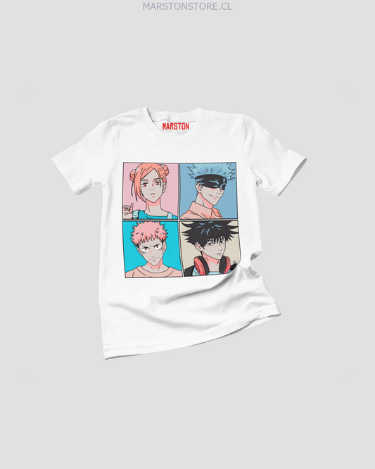 Polera Jujutsu Kaisen con Yuji Itadori, Nobara Kugisaki, Megumi Fushiguro y Satoru Gojo
