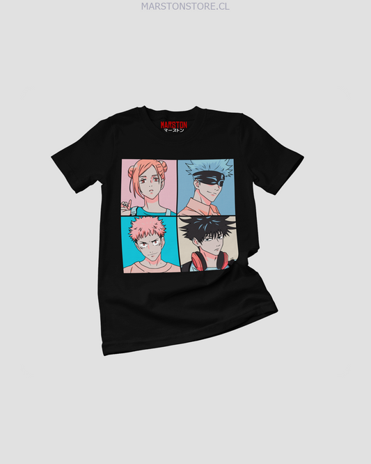 Polera negra Jujutsu Kaisen con Yuji Itadori, Nobara Kugisaki, Megumi Fushiguro y Satoru Gojo