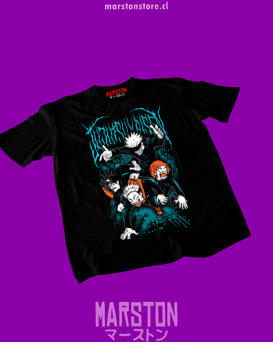 Polera negra Jujutsu Kaisen con Yuji Itadori, Nobara Kugisaki, Megumi Fushiguro y Satoru Gojo