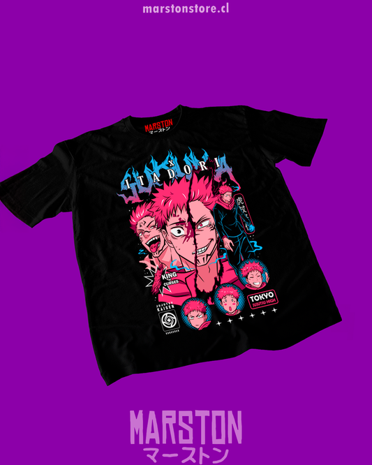 Polera negra Jujutsu Kaisen con Yuji Itadori y Ryomen Sukuna