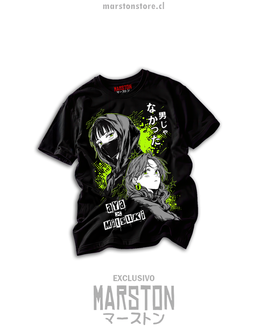 Polera negra Ki ni Natteru Hito ga Otoko Janakatta con Aya Oosawa y Mitsuki Koga, detalles verde neón