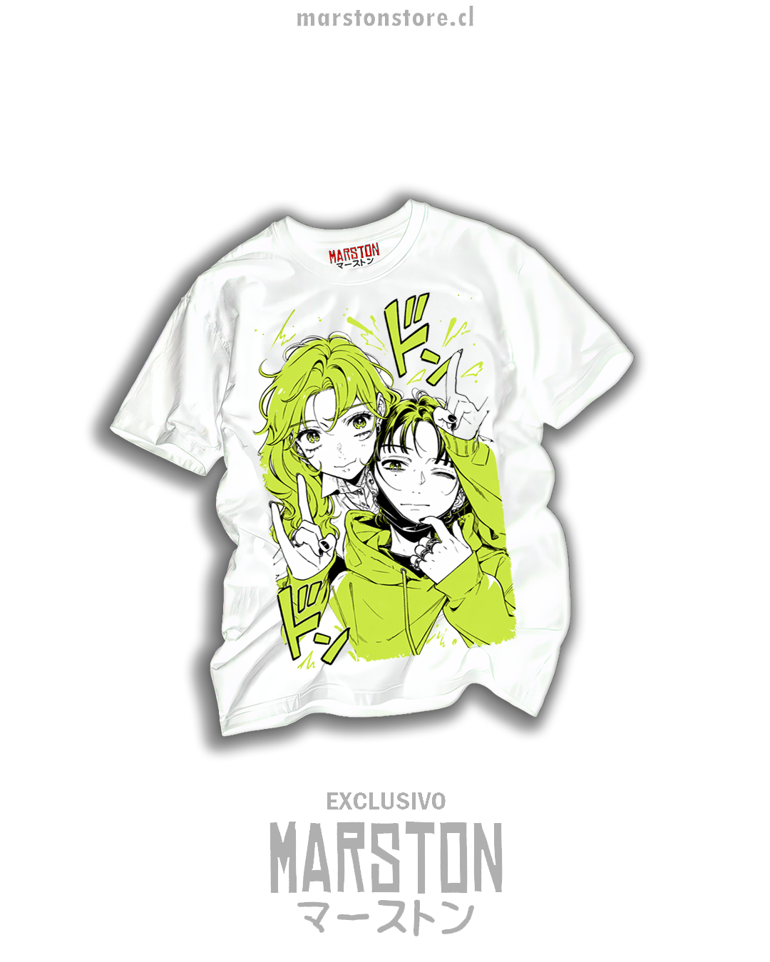 Polera blanca del manga The Guy She Was Interested In Wasn't a Guy at All con Mitsuki Koga y Aya Oosawa en tonos verde lima