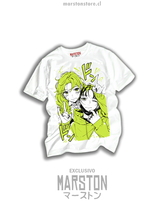 Polera blanca del manga The Guy She Was Interested In Wasn't a Guy at All con Mitsuki Koga y Aya Oosawa en tonos verde lima