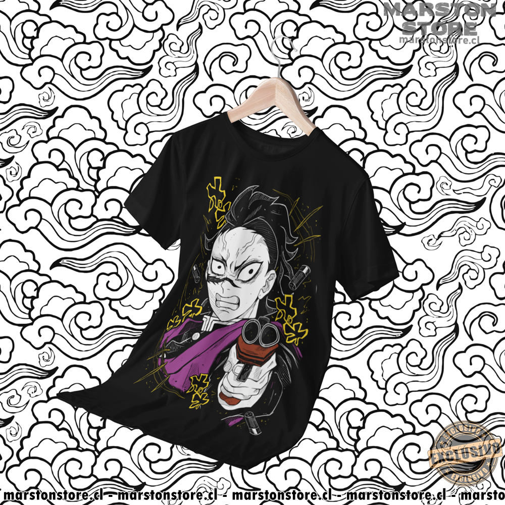 Polera negra Kimetsu no Yaiba Demon Slayer con diseño de Genya Shinazugawa