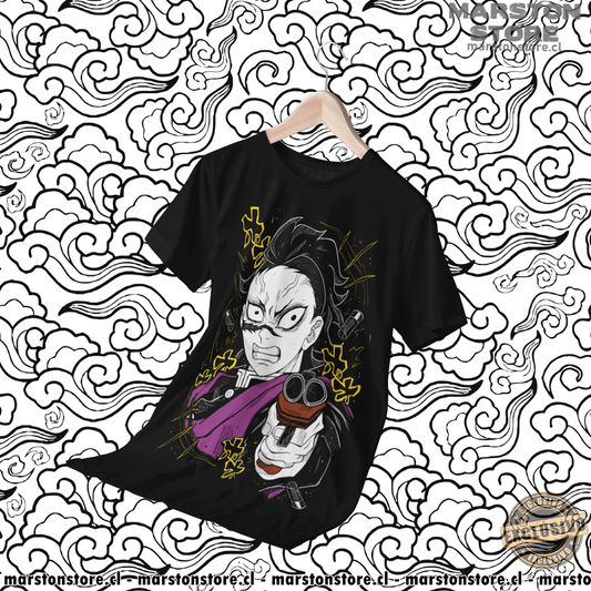 Polera negra Kimetsu no Yaiba Demon Slayer con diseño de Genya Shinazugawa