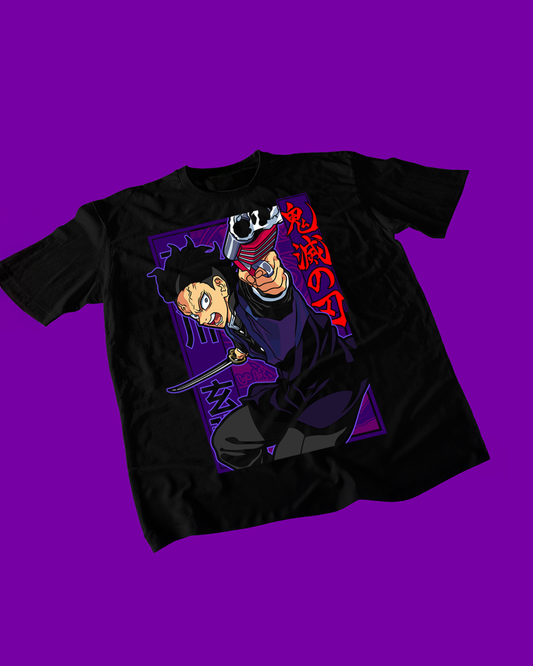 Polera negra Kimetsu no Yaiba Demon Slayer con diseño de Genya Shinazugawa