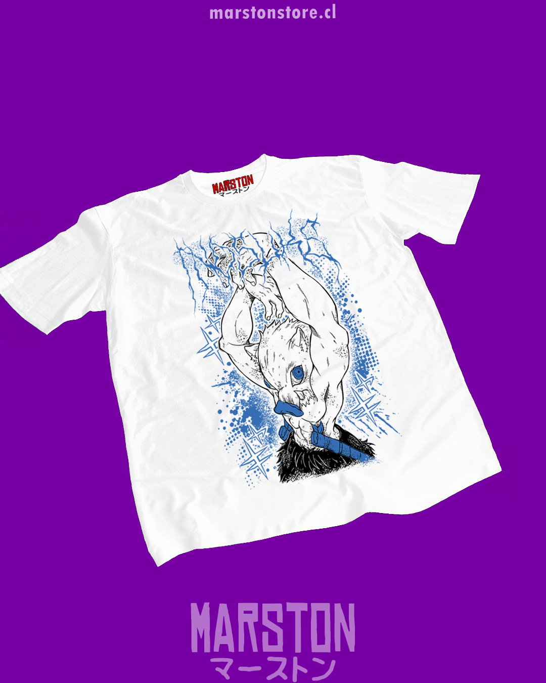 Polera blanca Kimetsu no Yaiba Demon Slayer con diseño de Inosuke Hashibira