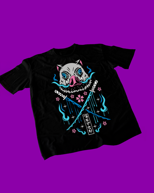 Polera negra Kimetsu no Yaiba Demon Slayer con diseño de Inosuke Hashibira