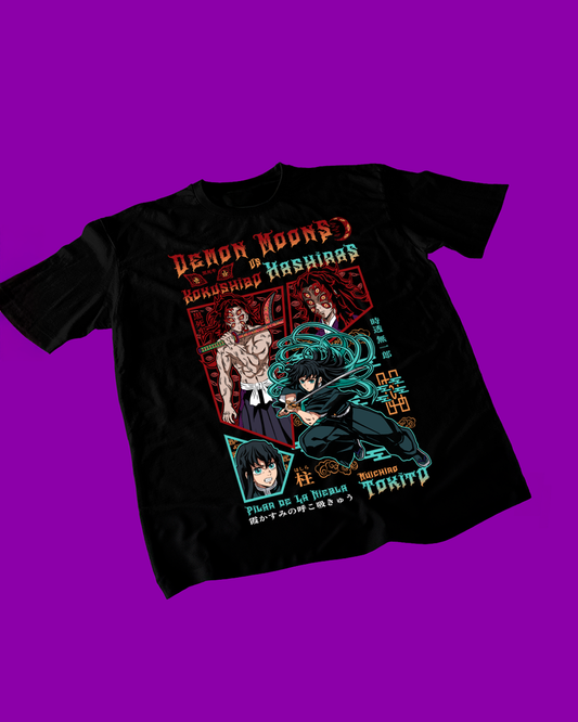 Polera negra Kimetsu no Yaiba Demon Slayer con Muichiro Tokito y Kokushibo