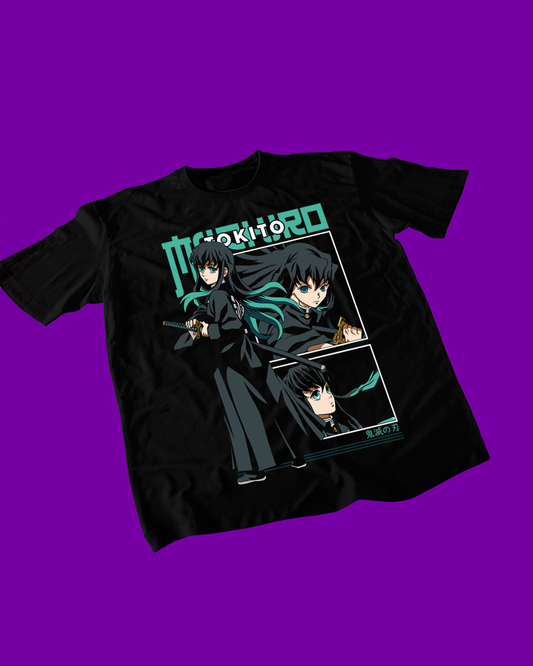 Polera negra Kimetsu no Yaiba Demon Slayer con diseño de Muichiro Tokito