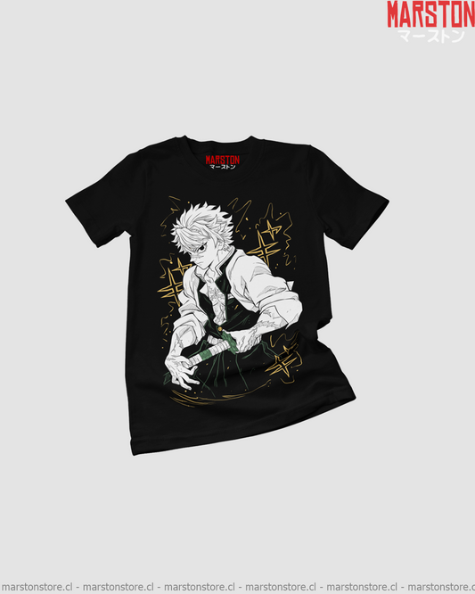 Polera negra Kimetsu no Yaiba Demon Slayer con diseño de Sanemi Shinazugawa