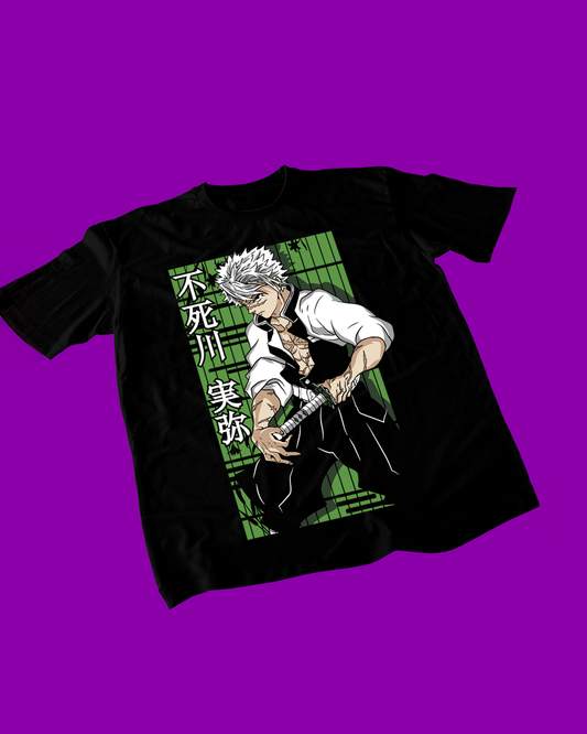 Polera negra Kimetsu no Yaiba Demon Slayer con diseño de Sanemi Shinazugawa