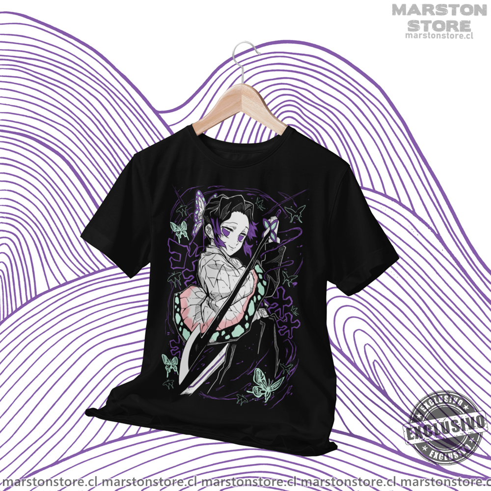 Polera negra Kimetsu no Yaiba Demon Slayer con diseño de Shinobu Kocho