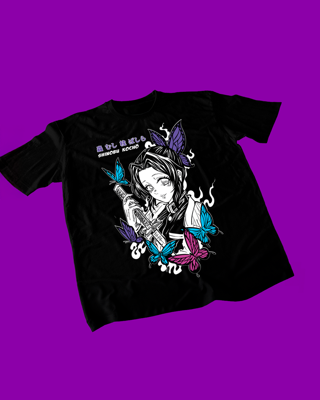 Polera negra Kimetsu no Yaiba Demon Slayer con diseño de Shinobu Kocho