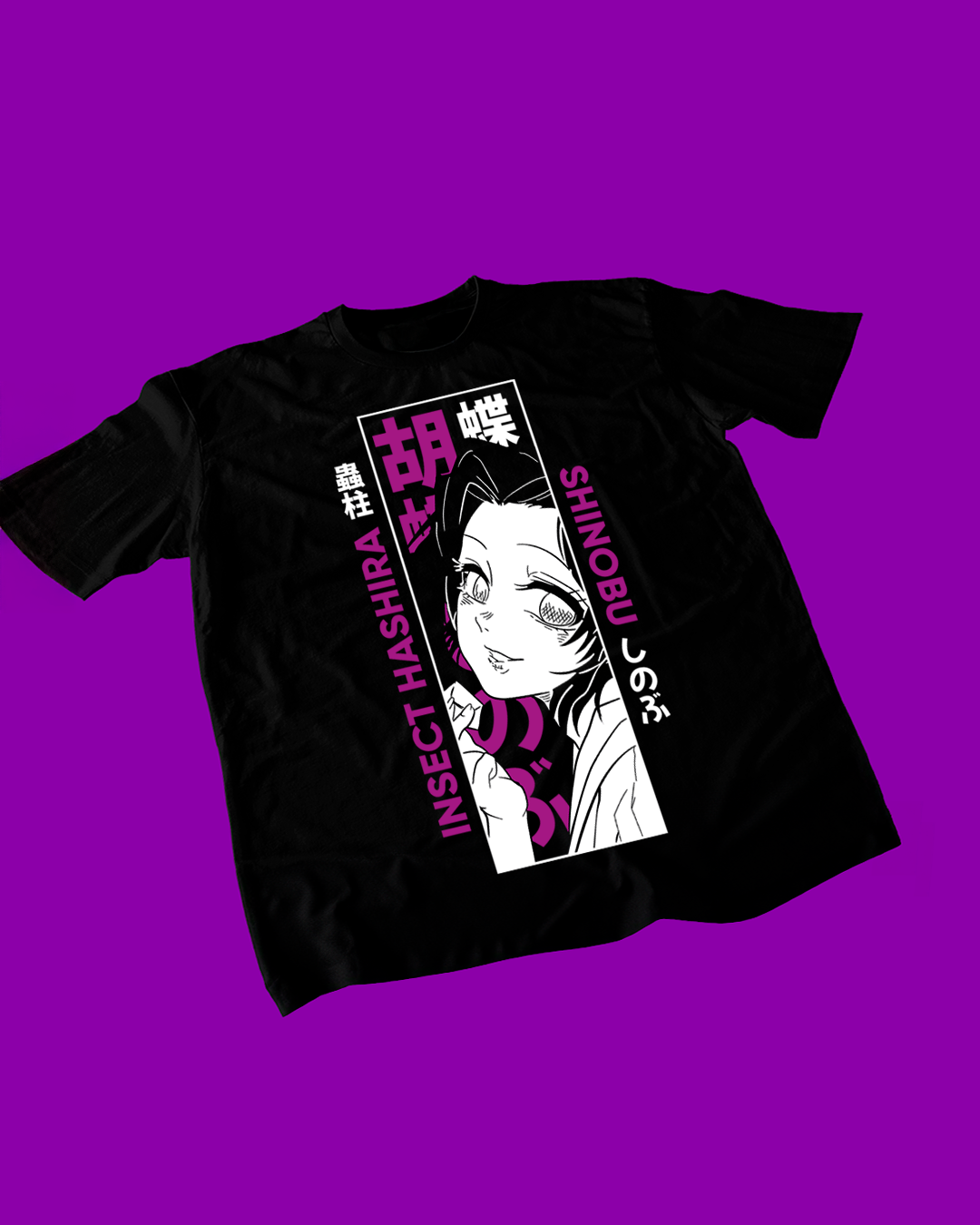 Polera negra Kimetsu no Yaiba Demon Slayer con diseño de Shinobu Kocho