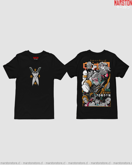 Polera negra Kimetsu no Yaiba Demon Slayer con diseño de Tengen Uzui y doble estampado