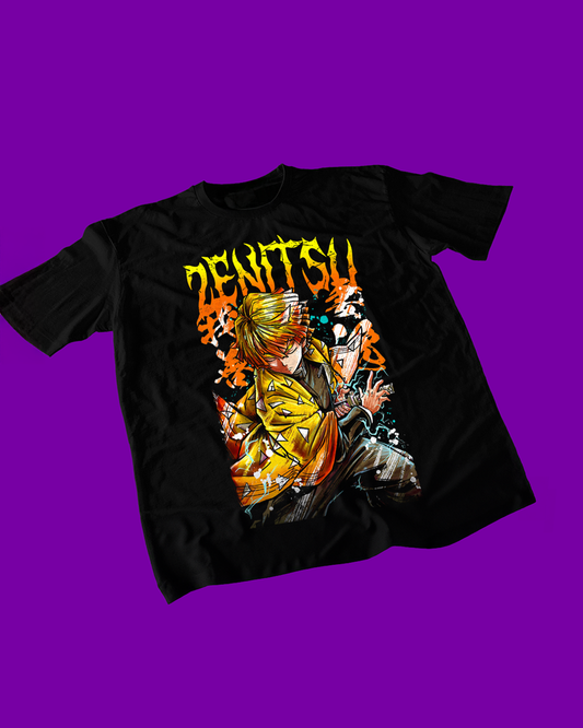 Polera negra Kimetsu no Yaiba Demon Slayer con diseño de Zenitsu Agatsuma