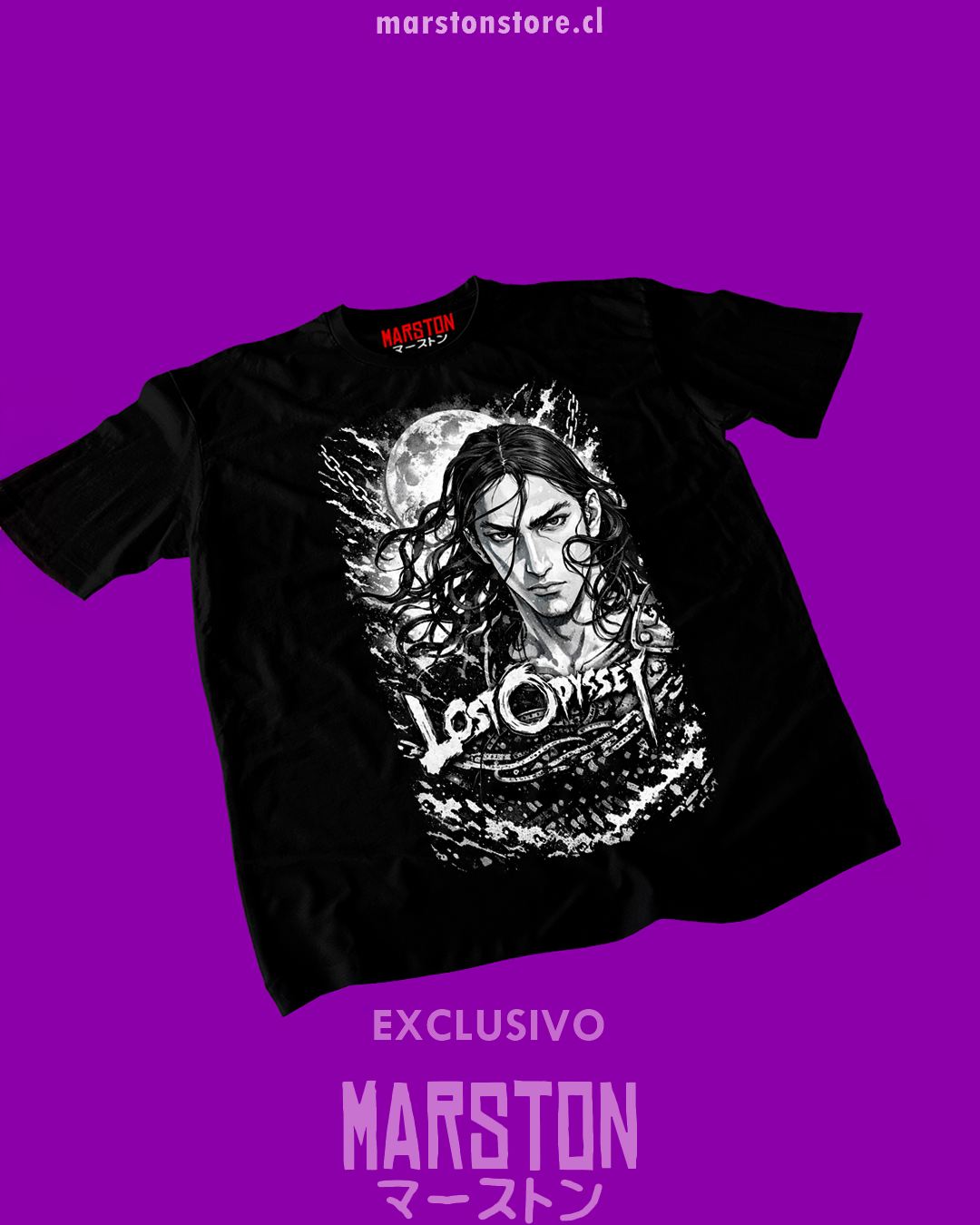 Polera negra Lost Odyssey con diseño de Kaim Argonar