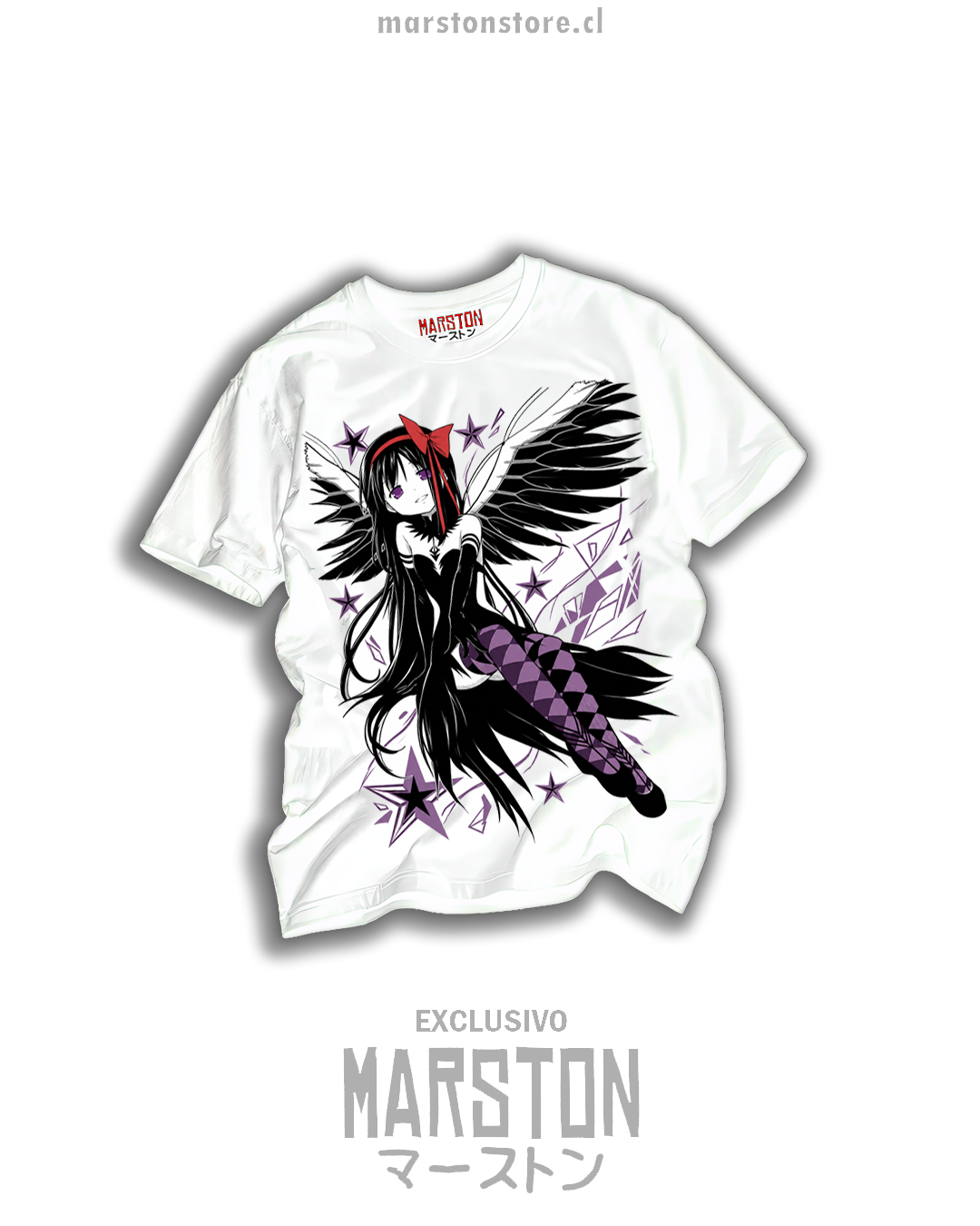 Polera blanca Puella Magi Madoka Magica con Homura Akemi y alas negras