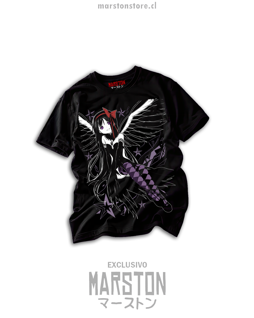 Polera negra Puella Magi Madoka Magica con Homura Akemi y alas negras